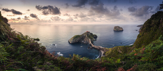 High view from the fmous Gaztelugatxe rock next to Bermeo and Bakio at Bizkaia, the Basque Country.
