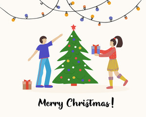 Naklejka premium Merry Christmas greeting card. Happy couples, young men and women decorating the Christmas tree. Vector illustration for flyer, postcard and banner for website