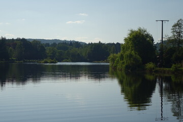 Obraz premium Small lake Mühlweiher with reflections and powerline in late summer, Ludwigswinkel, Fischbach, Germany 
