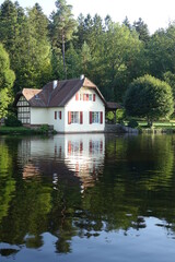 Fototapeta na wymiar Small lake Sägmühlweiher with reflections in late summer, Ludwigswinkel, Fischbach, Germany