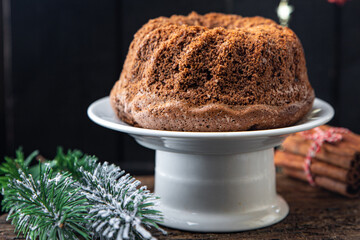 christmas cake homemade cakes sweet dessert christmas card new year sponge cake chocolate spicy aroma of ginger, cinnamon, vanilla, anise holiday gift food background rustic top view copy space
