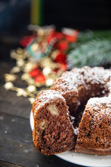 christmas cake homemade cakes sweet dessert christmas card new year sponge cake chocolate spicy aroma of ginger, cinnamon, vanilla, anise holiday gift food background rustic top view copy space