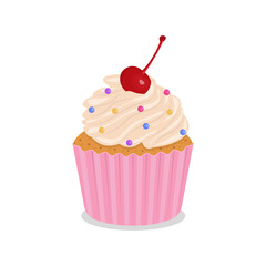 Cupcake with cream, cherry and colored sprinkles. Flat vector illustration.