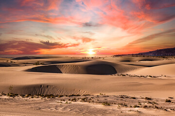 Low sun over the beautiful natural park in Corralejo Fuerteventura in the Canary Islands Spain