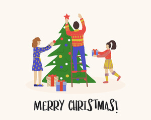 Merry Christmas greeting card. Happy family preparing for the holiday, decorating the Christmas tree. Vector illustration for flyer and booklet, postcard and banner for website