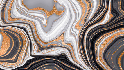 Black gold marble. Luxurious background abstract decoration, gold pattern, halftone gradients, 3d vector illustration. Black, white, gold waves Cover template, geometric shapes, modern minimal banner.