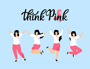 Girls with pink ribbons jump and have fun. National Breast Cancer Awareness Month.