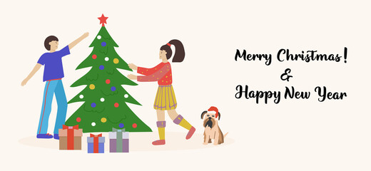 Merry Christmas greeting card. Happy couples, young men and women decorating the Christmas tree. Vector illustration for flyer, postcard and banner for website