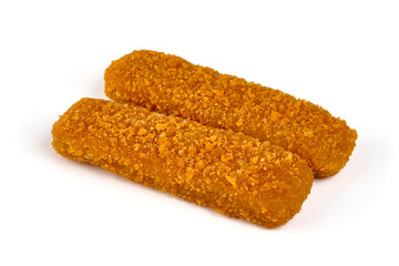 Breaded fish fingers, isolated on white background.