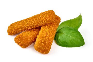 Fish fingers in breadcrumbs, isolated on white background.