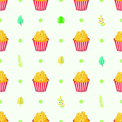Seamless Pattern Abstract Elements Fast Food Popcorn With Leaves Vector Design Style Background Illustration Texture For Prints Textiles, Clothing, Gift Wrap, Wallpaper, Pastel
