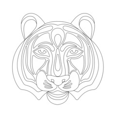 Graphically decorated head black color. Tiger on white isolated background. Symbol 2022 year. Flat style. Coloring