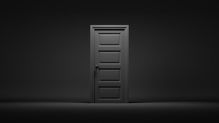 3d render, closed door in a dark room, black background. Architectural interior element. Modern minimal concept