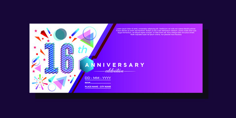 16th anniversary, anniversary celebration vector design on colorful geometric background and circle shape.