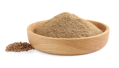 Wooden bowl with powdered coriander and corns on white background