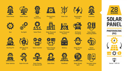 Solar panel icon set on yellow background with sun power photovoltaic (PV) system and renewable electric energy technology symbols: house, cell, battery, rooftop, inverter, charge controller and meter