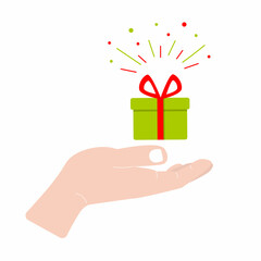 Hand holds gift box. Congratulation concept. Flat icon vector illustration isolated on white background