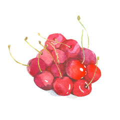 Red cherry. Watercolor illustration on white background.