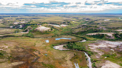 Landscape of the forest-tundra and the sandy river bank, photo from quadrocopter, bird's eye view,...