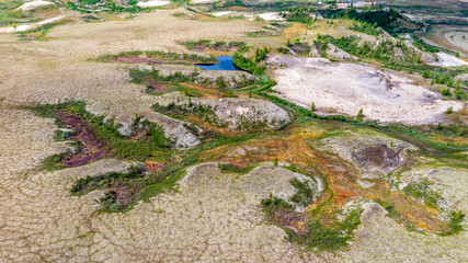Landscape of the forest-tundra and the sandy river bank, photo from quadrocopter, bird's eye view, beautiful ravines of unusual shape.Arctic Circle, tunda