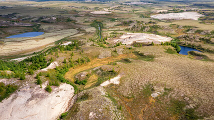 Fototapeta na wymiar Landscape of the forest-tundra and the sandy river bank, photo from quadrocopter, bird's eye view, beautiful ravines of unusual shape.Arctic Circle, tunda