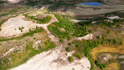 Landscape of the forest-tundra and the sandy river bank, photo from quadrocopter, bird's eye view, beautiful ravines of unusual shape.Arctic Circle, tunda