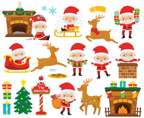 Christmas clipart set with Santa Claus in various poses, reindeer, Christmas tree, sled and other holiday symbols.