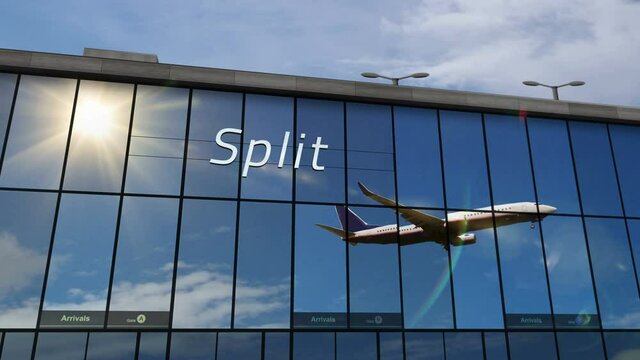 Jet aircraft landing at Split, Croatia 3D rendering animation. Arrival in the city with the glass airport terminal and reflection of the plane. Travel, business, tourism and transport concept.