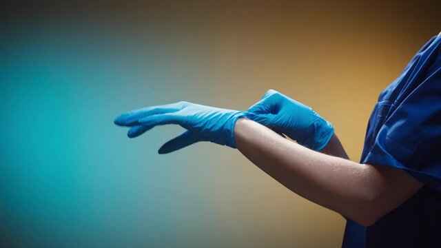 Doctor putting on medical protective gloves close up. Surgeon wearing uniform for working in operation room, hospital. Nurse hands in surgical gloves on blurred background. Safety protection.