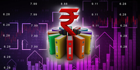 Rupee currency in office file .3D rendering illustration