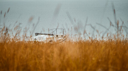 Old boat abandoned in the lake