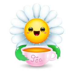 happy cartoon daisy flower with tea mug. cute white flower on white background. vector illustration