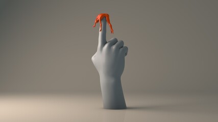 a huge hand raises a small red person with a finger up and holds him in the air 3d illustration with deep meaning in calm gray warm colors