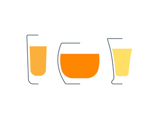 Rum whiskey and tequila glass in minimalist linear style. Contour of glassware on left side in form of fine black line. Drink is depicted in form of shape with colored fill. Isolated image on white.