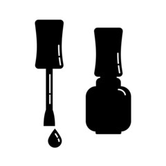 Fototapeta premium Closed cosmetic container nail polish with brush. Female makeup product. Plastic or glass bottle. Fashion and style. Black silhouette. Isolated object. Illustration isolated white background