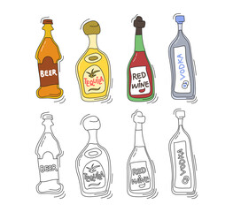 Beer, tequila, red wine, vodka bottle on white background. Two kinds beverage. Cartoon sketch. Doodle style with black contour line. Colored hand drawn object. Party drinks concept. Freehand drawing.