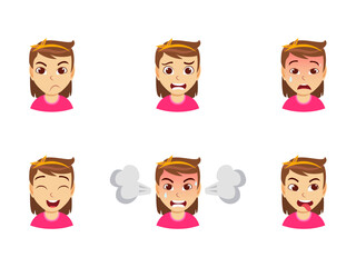 Cute beautiful kid girl character avatar with different facial expression and emotions isolated angry crying