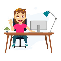 Happy cute kid boy character siting on desk studying with computer lamp isolated