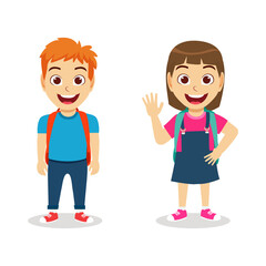 Happy cute kid boy and girl characters wearing beautiful outfit standing and waving posing ready to go school together