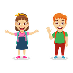 Happy cute kid boy and girl characters wearing beautiful outfit standing and waving posing ready to go school