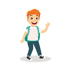 Happy cute beautiful kid boy character going to school