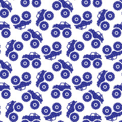 Blue monster trucks isolated on white background. Cute monochrome car seamless pattern. Vector simple flat graphic illustration. Texture. © far700