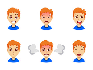 Beautiful kid boy character avatar with different facial expression and emotions isolated angry crying