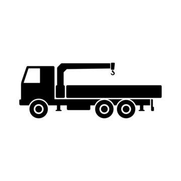 Truck manipulator icon. Truck crane. Black silhouette. Side view. Vector simple flat graphic illustration. The isolated object on a white background. Isolate.
