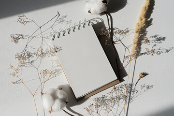 Notepad mockup for showcasing artwork and design. A notebook with an open blank page lies on a white table surrounded by dry plants. Minimal mock up of sketchbook or drawing paper.
