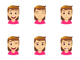 Cute beautiful kid girl character avatar with different facial expression and emotions