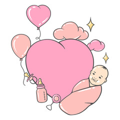 Happy Birthday greeting and invitation card. Holiday baby girl shower celebration simbols.