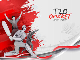 T20 Cricket Fever Is Back Concept With Cartoon Batsman, Bowler Players And Red Brush Stroke On Gray Waves Background.