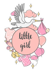 Obraz premium Happy Birthday greeting and invitation card. Holiday baby girl shower celebration simbols.