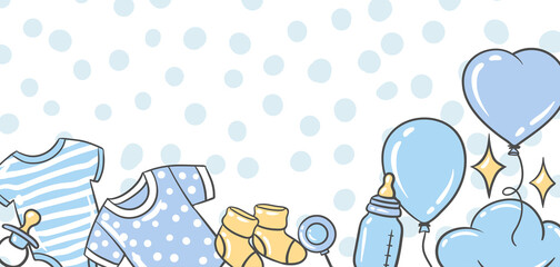 Happy Birthday greeting and invitation card. Holiday baby boy shower celebration simbols.